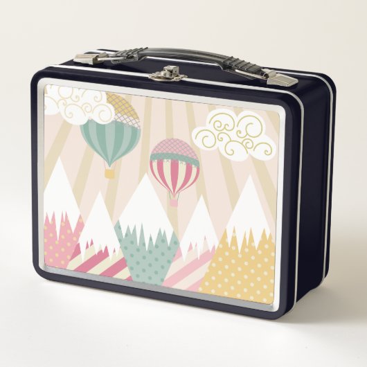 ピンクホットエアバルーンとマウンテンシーン メタルランチボックス (正面)