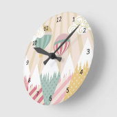 ピンクホットエアバルーンとマウンテンシーン ラウンド壁時計 (傾斜)