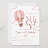 ピンクホットエアバルーンオンダーフルファースト誕生日 招待状 (正面)