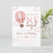 ピンクホットエアバルーンオンダーフルファースト誕生日 招待状 (スタンド正面)