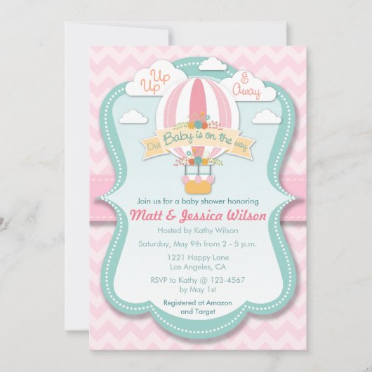 ピンクホットエアバルーンガールズベビーシャワー招待状 招待状 (正面)
