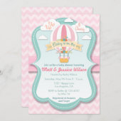 ピンクホットエアバルーンガールズベビーシャワー招待状 招待状 (正面/裏面)