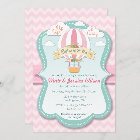 ピンクホットエアバルーンガールズベビーシャワー招待状 招待状 (正面/裏面)