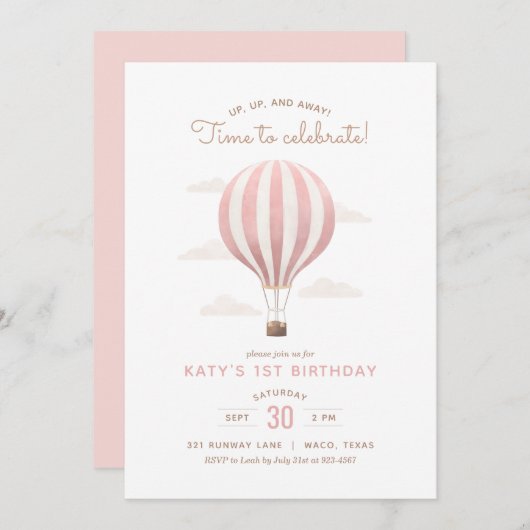 ピンクホットエアバルーンガールバースデーパーティー 招待状 (正面/裏面)