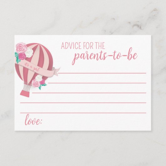 ピンクホットエアバルーンガールベビーシャワーアドバイスカード アドバイスカード (正面)