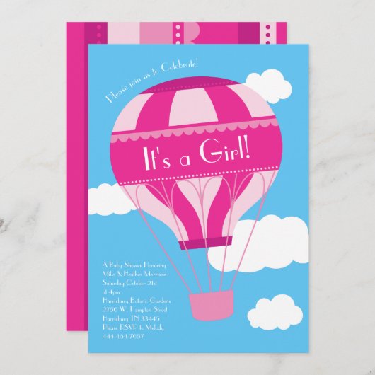 ピンクホットエアバルーンガールベビーシャワーヴィンテージ 招待状 (正面/裏面)