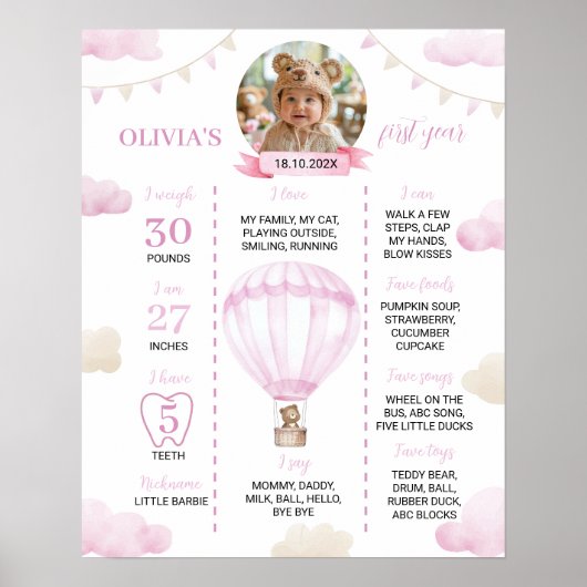 ピンクホットエアバルーンガール誕生日マイルストーンサイン ポスター (正面)