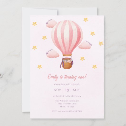 ピンクホットエアバルーンガール1st誕生日パーティー 招待状 (正面)
