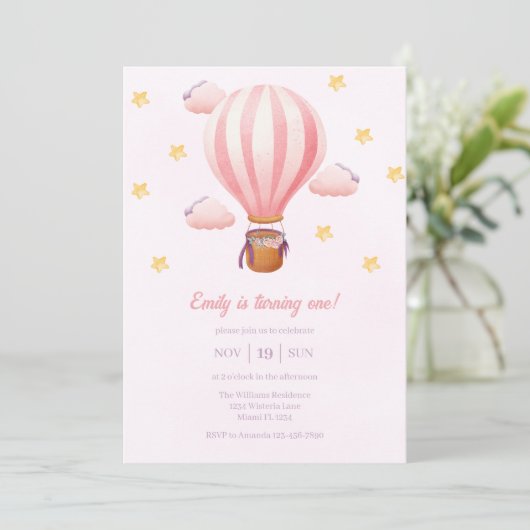 ピンクホットエアバルーンガール1st誕生日パーティー 招待状 (スタンド正面)