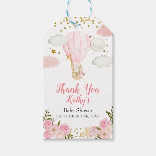 ピンクホットエアバルーンジャングル動物の金ゴールドグリッター ギフトタグ (正面)