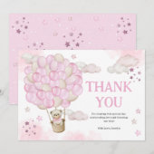 ピンクホットエアバルーンテディベア赤ちゃんシャワー サンキューカード (正面/裏面)