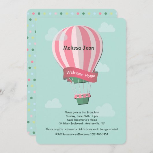 ピンクホットエアバルーンブルー背景招待状 招待状 (正面/裏面)