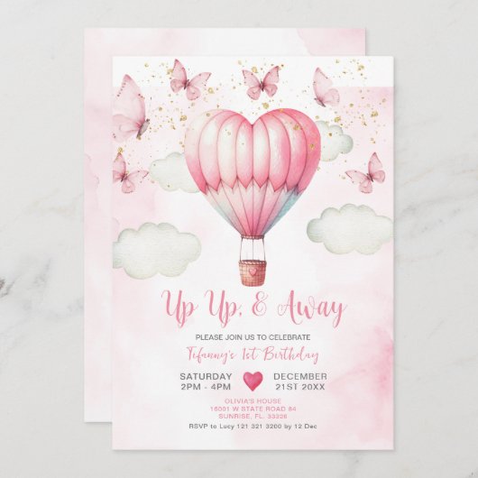ピンクホットエアバルーンベビーシャワー招待状 招待状 (正面/裏面)