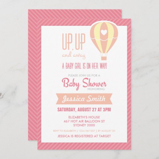 ピンクホットエアバルーンベビーシャワー招待状 招待状 (正面/裏面)