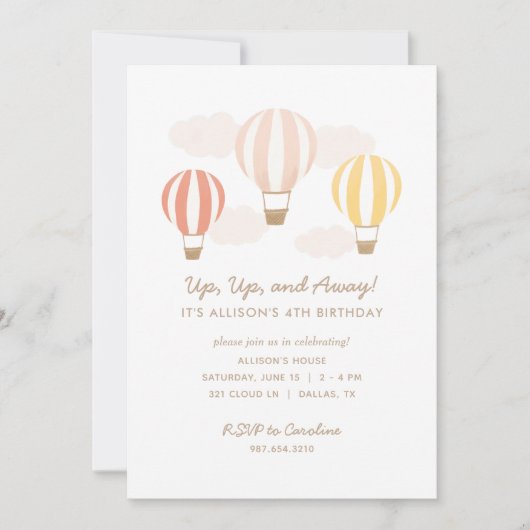 ピンクホットエアバルーン女の子の誕生日パーティー 招待状 (正面)