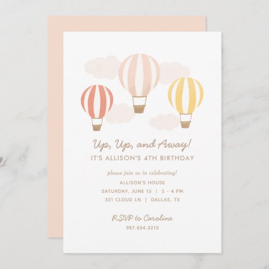 ピンクホットエアバルーン女の子の誕生日パーティー 招待状 (正面/裏面)