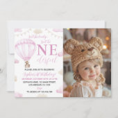 ピンクホットエアバルーン誕生日フォト招待状 招待状 (正面)