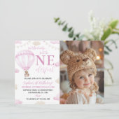 ピンクホットエアバルーン誕生日フォト招待状 招待状 (スタンド正面)