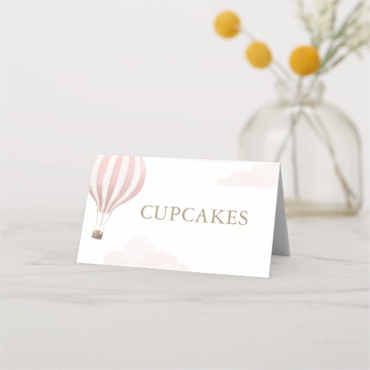 ピンクホットエアバルーン誕生日食品ラベル プレイスカード (正面)