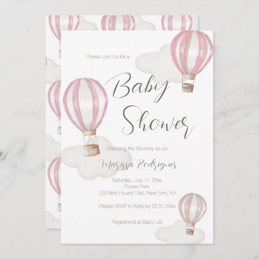 ピンクホットエアバルーン赤ちゃんシャワー少女 招待状 (正面/裏面)