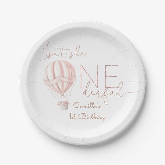 ピンクホットエアバルーンOnederful女の子1st誕生日 ペーパープレート (正面)