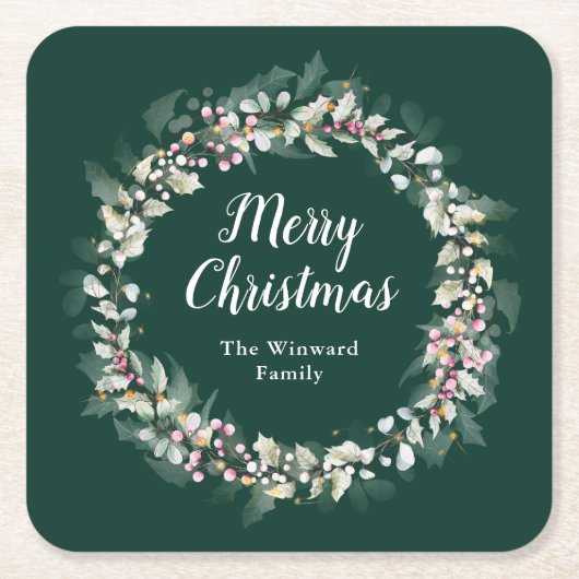 ピンクホリーリースメリークリスマス スクエアペーパーコースター (正面)