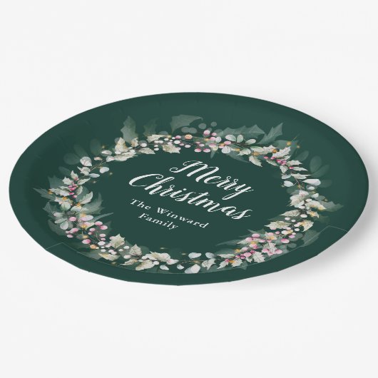 ピンクホリーリースメリークリスマス ペーパープレート (アングル)