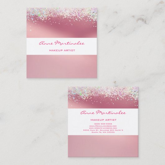 ピンクホログラフィックグリッタースクエアビジネスカード スクエア名刺 (正面/裏面)