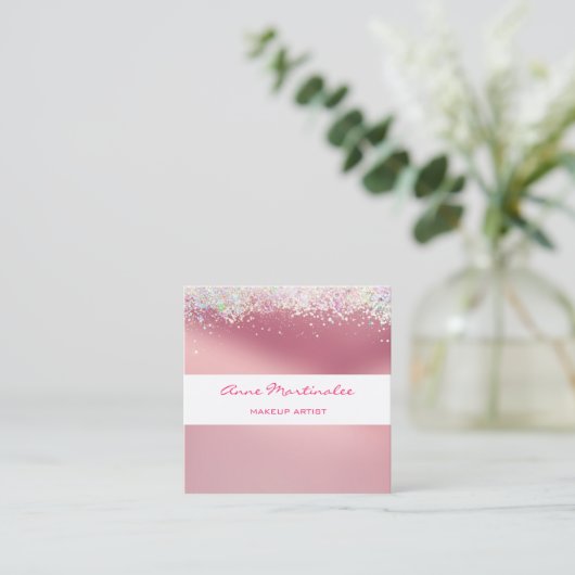 ピンクホログラフィックグリッタースクエアビジネスカード スクエア名刺 (スタンド正面)