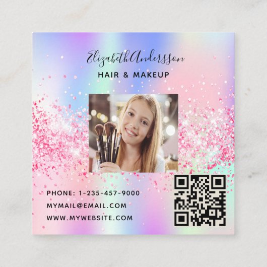ピンクホログラフィックフォトqrコード スクエア名刺 (裏面)