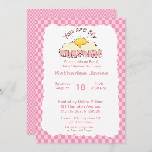 ピンクホワイトあなたが私のサンシャインベビーシャワー 招待状 (正面/裏面)