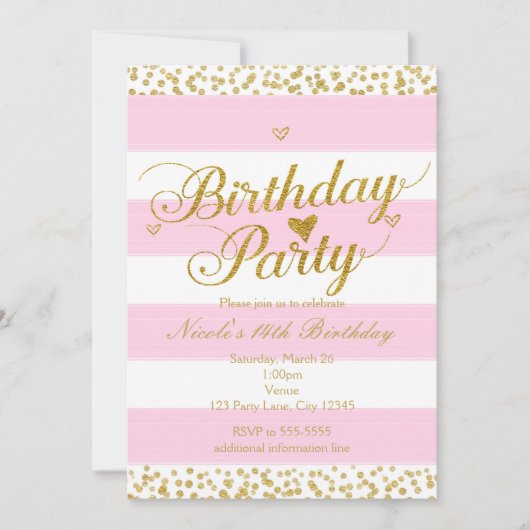 ピンクホワイトおよび金ゴールドハートバースデーパーティ招待状 招待状 (正面)