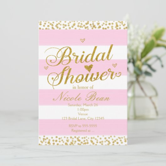 ピンクホワイトおよび金ゴールドハートブライダルシャワー招待状 招待状 (スタンド正面)