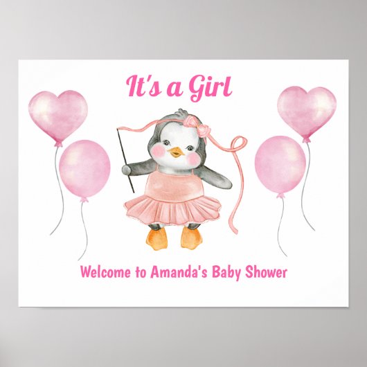 ピンクホワイトその女の子ベビーシャワーペンギンへようこそ ポスター (正面)