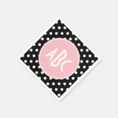 ピンクホワイトとブラック水玉模様モノグラム スタンダードカクテルナプキン (角)