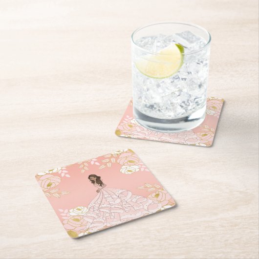 ピンクホワイトと金ゴールドボタニカルキンセアニェラ スクエアペーパーコースター (インサイチュ)