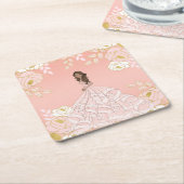 ピンクホワイトと金ゴールドボタニカルキンセアニェラ スクエアペーパーコースター (アングル)