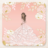 ピンクホワイトと金ゴールドボタニカルキンセアニェラ スクエアペーパーコースター (正面)