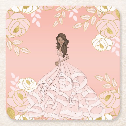 ピンクホワイトと金ゴールドボタニカルキンセアニェラ スクエアペーパーコースター (正面)