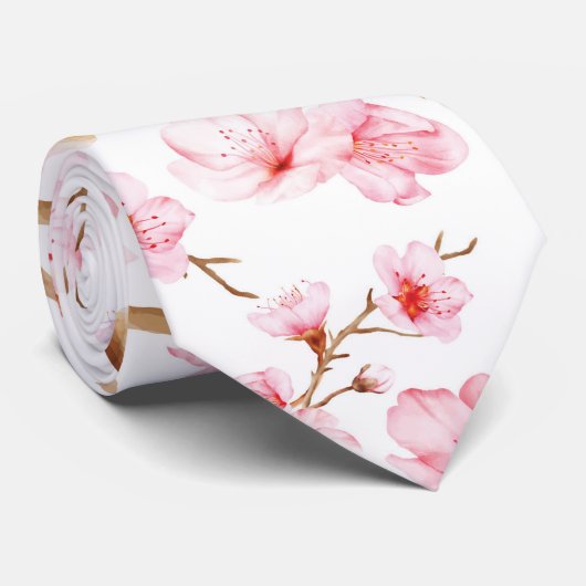 ピンクホワイトの水彩桜 ネクタイ (ロール)