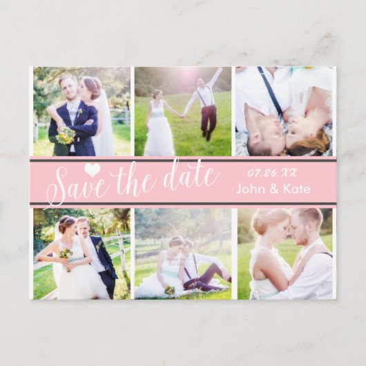 ピンクホワイトの結婚式SAVE THE DATE 6枚写真入りポストカード 案内ポストカード (正面)