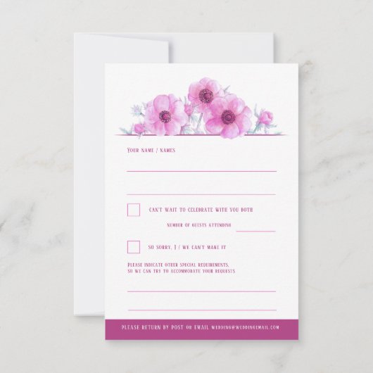 ピンクホワイトアネモン結婚フローラの返信RSVP 出欠カード (裏面)