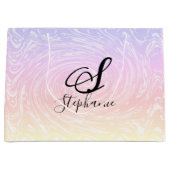 ピンクホワイトウェーブ抽象芸術ガーリーモノグラム名 ラージペーパーバッグ (正面)