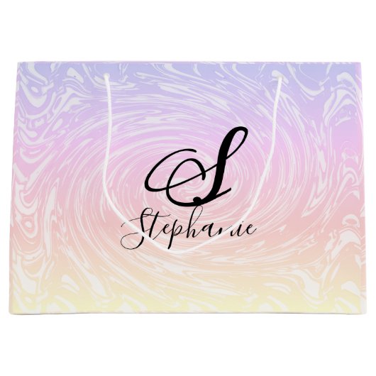 ピンクホワイトウェーブ抽象芸術ガーリーモノグラム名 ラージペーパーバッグ (正面)