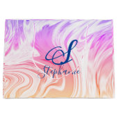 ピンクホワイトウェーブ抽象芸術モガーリーノグラムかわいい ラージペーパーバッグ (正面)