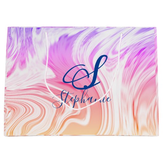 ピンクホワイトウェーブ抽象芸術モガーリーノグラムかわいい ラージペーパーバッグ (正面)