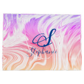 ピンクホワイトウェーブ抽象芸術モガーリーノグラムかわいい ラージペーパーバッグ (裏面)