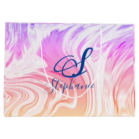 ピンクホワイトウェーブ抽象芸術モガーリーノグラムかわいい ラージペーパーバッグ (裏面)