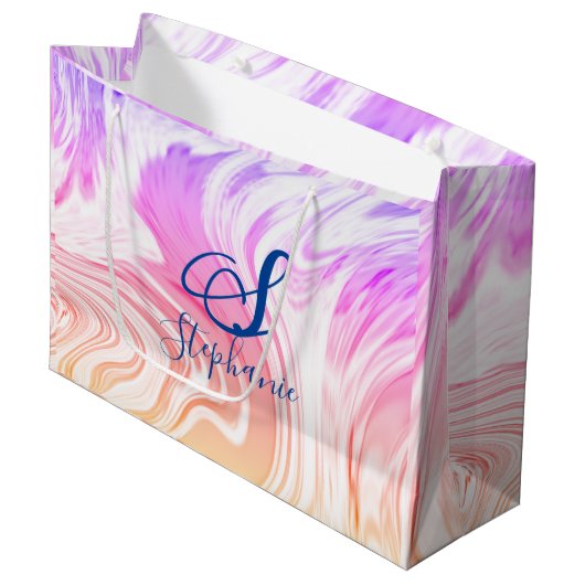 ピンクホワイトウェーブ抽象芸術モガーリーノグラムかわいい ラージペーパーバッグ (正面アングル)