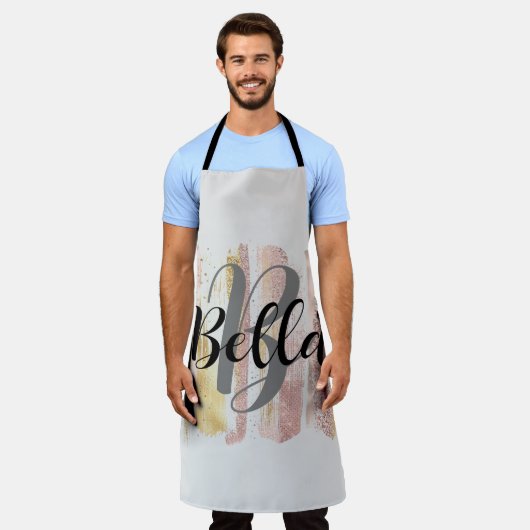 ピンクホワイトウォーターグリッターホイル絵を描スストローク エプロン (着用した状態)